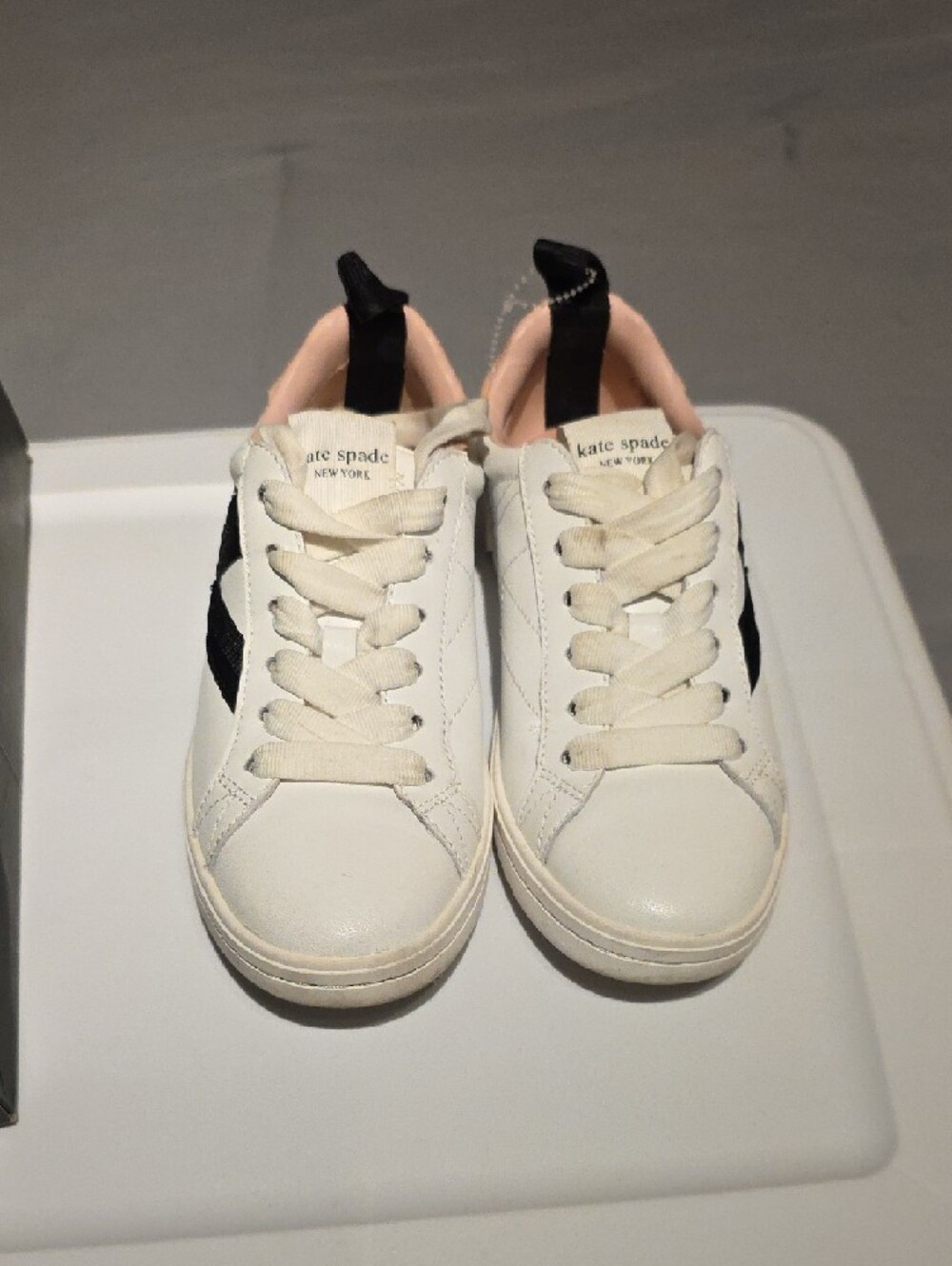 kate spade White Leather Sneakers with Black Side Stripe and Blush Lining - Picture 13 of 15